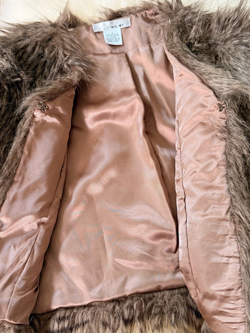 WD.NY Taupe Brown Faux Fur Coat with Satin Lining - Picture 3 of 4